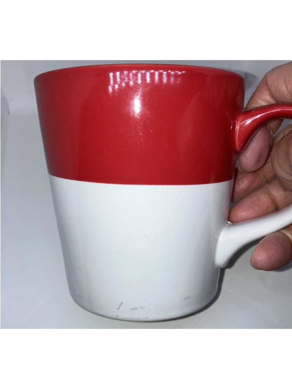 SET OF 2 Crate & Barrel Ceramic Coffee Mugs Red White Dipped Glaze 14oz Holidays - Picture 13 of 16